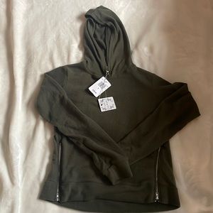 Olive green long sleeve shirt with hood, size small